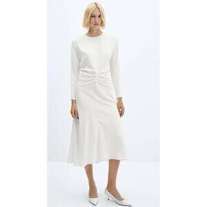 Mango Long Sleeve Ivory Twist-Waist Midi Dress